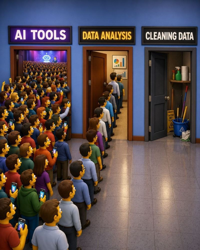 Three doors labelled AI Tools, Data Analysis, and Preparing Data. The AI Tools room is overflowing, Data Analysis has a short line, and the data preparation room stands empty.