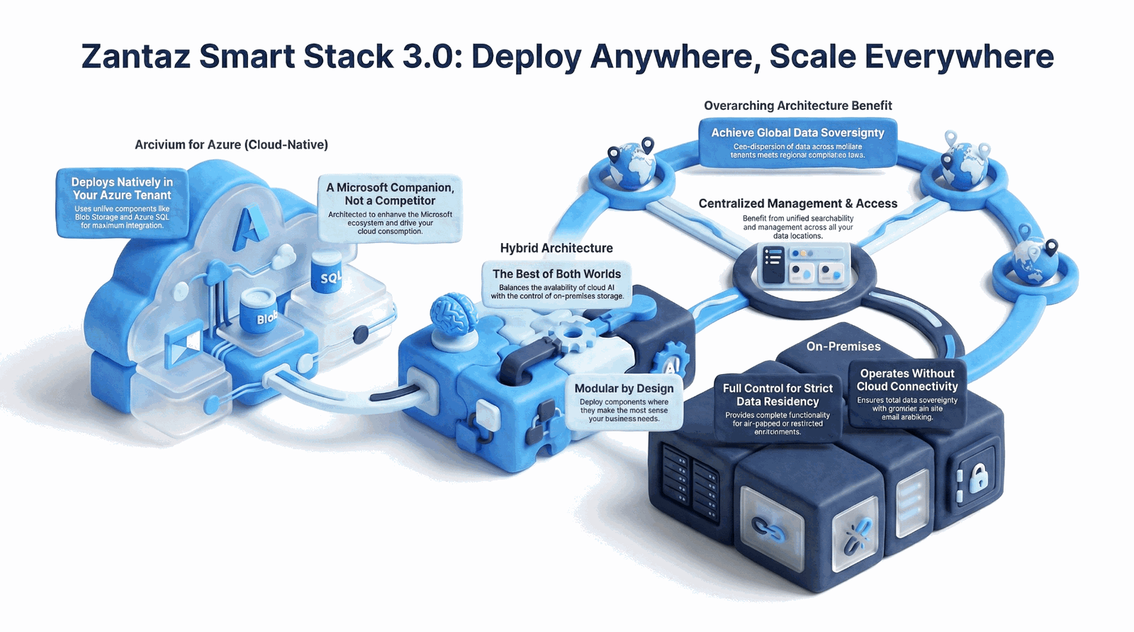 Zantaz Smart Stack 3.0 deployment architecture showing Arcivium for Azure, Hybrid Architecture, and On-Premises options