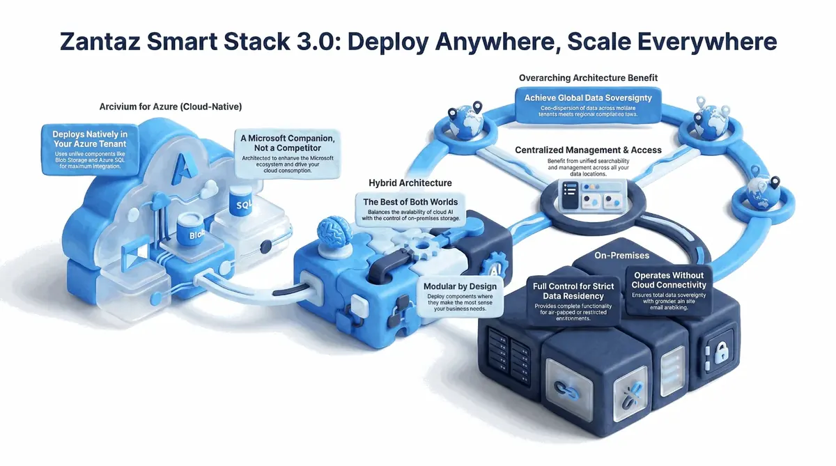Zantaz Smart Stack 3.0 deployment architecture showing Arcivium for Azure, Hybrid Architecture, and On-Premises options