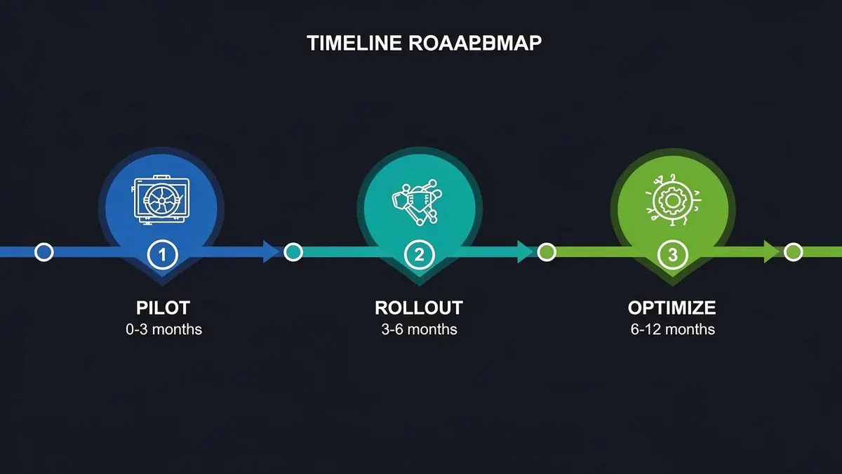 Integration Roadmap showing three phases: Pilot (0-3 months), Rollout (3-6 months), and Optimize (6-12 months)